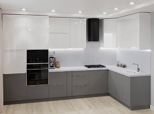 Современная угловая кухня графит + белый