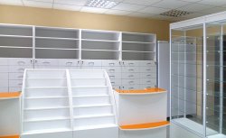 Торговая мебель со стеклянными витринами для аптек Торговая мебель со стеклянными витринами для аптек